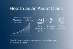 Infographic titled ‘Health as an Asset Class’ showing a rising chart of private-equity allocation to healthcare (10–14%) and a linear flow from Data Verification (C4 AI) → Blended Finance → Verified Returns, illustrating how GLOHBX converts health outcomes into verifiable yield for frontier markets.