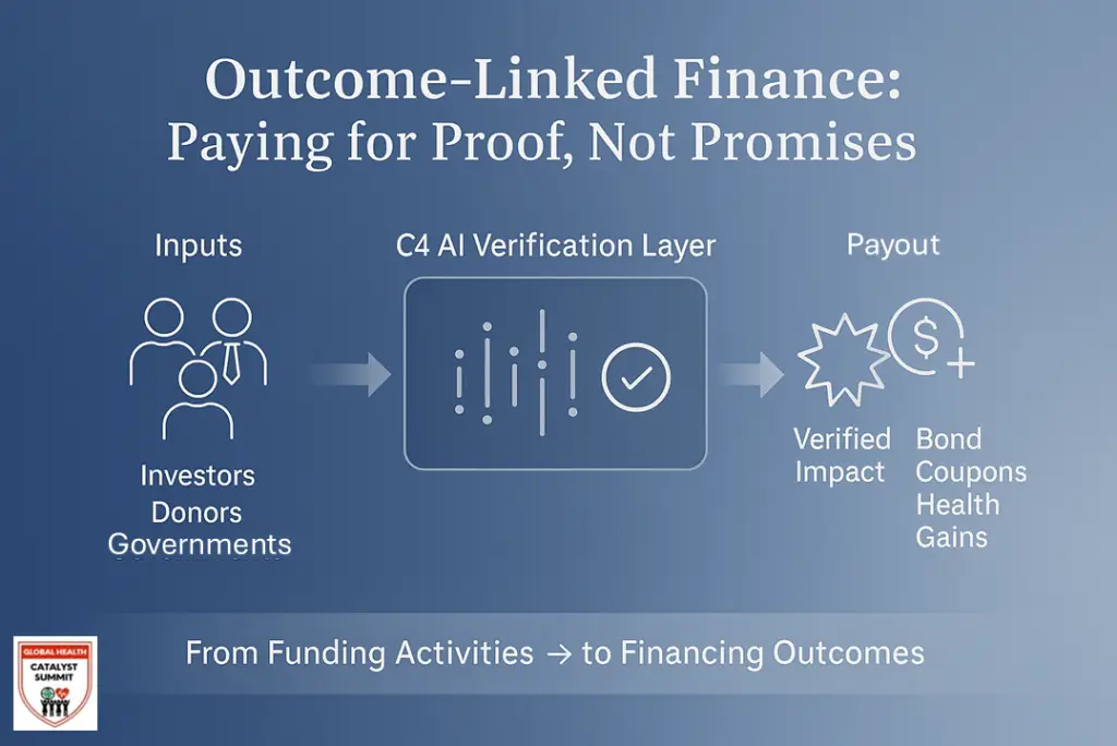 Infographic showing investors, donors, and ministries channeling funds into a C4 AI verification layer that tracks scanner uptime, early diagnosis, and solar reliability, triggering verified payouts and health gains in the GLOHBX outcome-linked finance model.