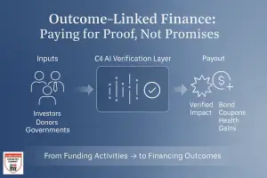 Infographic showing investors, donors, and ministries channeling funds into a C4 AI verification layer that tracks scanner uptime, early diagnosis, and solar reliability, triggering verified payouts and health gains in the GLOHBX outcome-linked finance model.