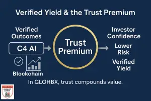 Infographic titled “Verified Yield & the Trust Premium” showing a horizontal flow from verified outcomes (C4 AI data and checkmarks) through a golden trust layer representing verified confidence, leading to investor confidence, lower risk, and verified yield — illustrating how GLOHBX converts verified impact into measurable financial value
