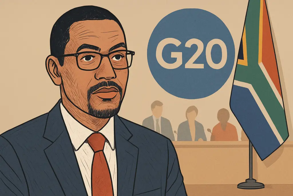 Illustrated portrait of an African leader at a G20 conference, drawn in a modern flat style with neutral tones, featuring the South African flag and silhouetted delegates in the background.