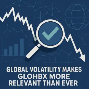Illustration showing global market volatility with declining charts and a magnifying glass highlighting verification, symbolizing why GLOHBX becomes more relevant in unstable economies.