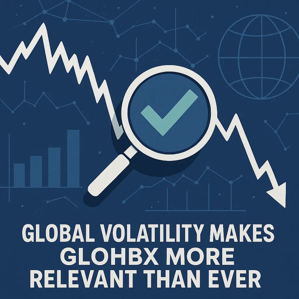 Illustration showing global market volatility with declining charts and a magnifying glass highlighting verification, symbolizing why GLOHBX becomes more relevant in unstable economies.