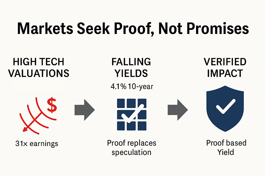 Flow from high valuations and falling yields to verified impact and proof-based yield.