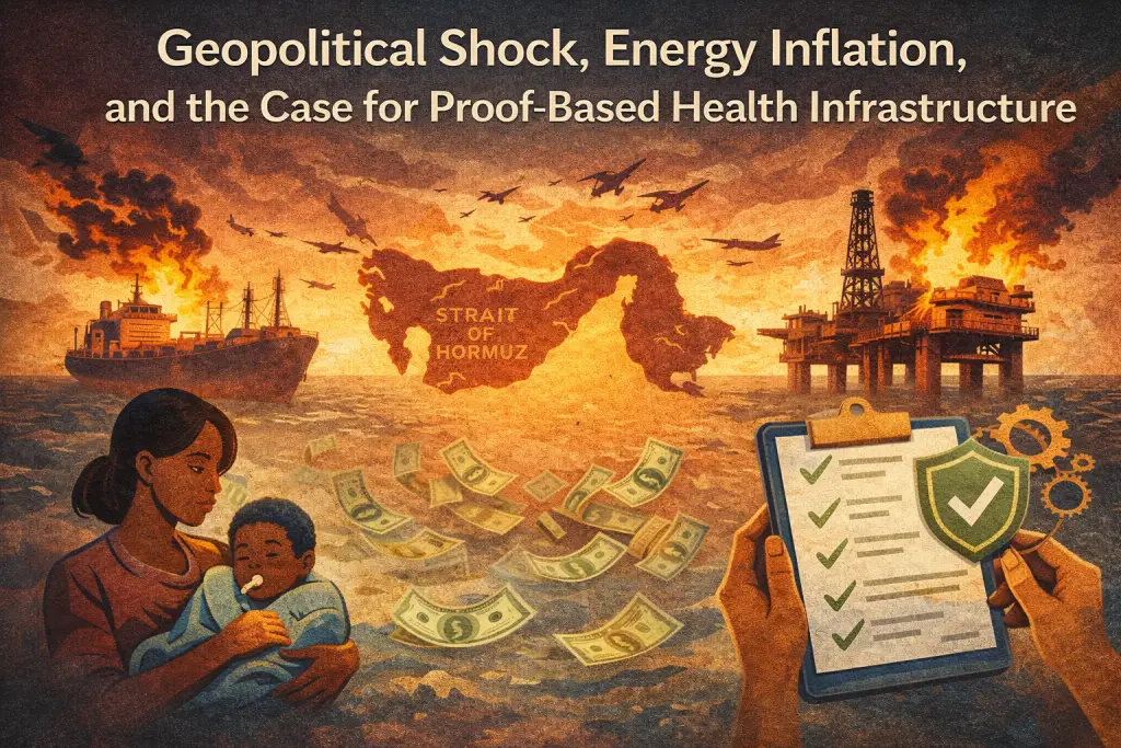 Image showing geopolitical energy disruption and a verified checklist, illustrating the need for proof-based health financing under inflation shocks.