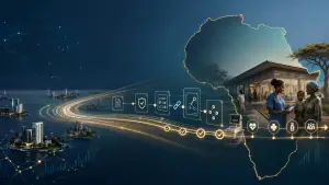Digital hero image showing global capital flows connecting offshore finance centers to African healthcare infrastructure, symbolizing GLOHBX’s trusted proof-based health financing rails.